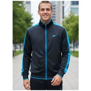 Nike Track Jacket Adult L Black Blue Full Zip Pockets Thick Polyester Mens